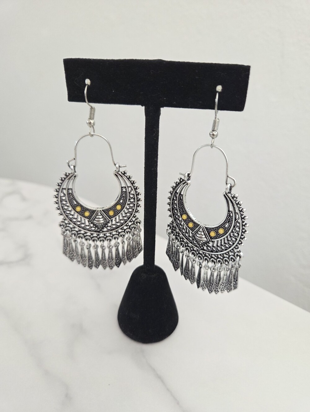 ​Paparazzi Silver Boho Crescent Fringe Statement Earrings Yellow Accents - Picture 9 of 11